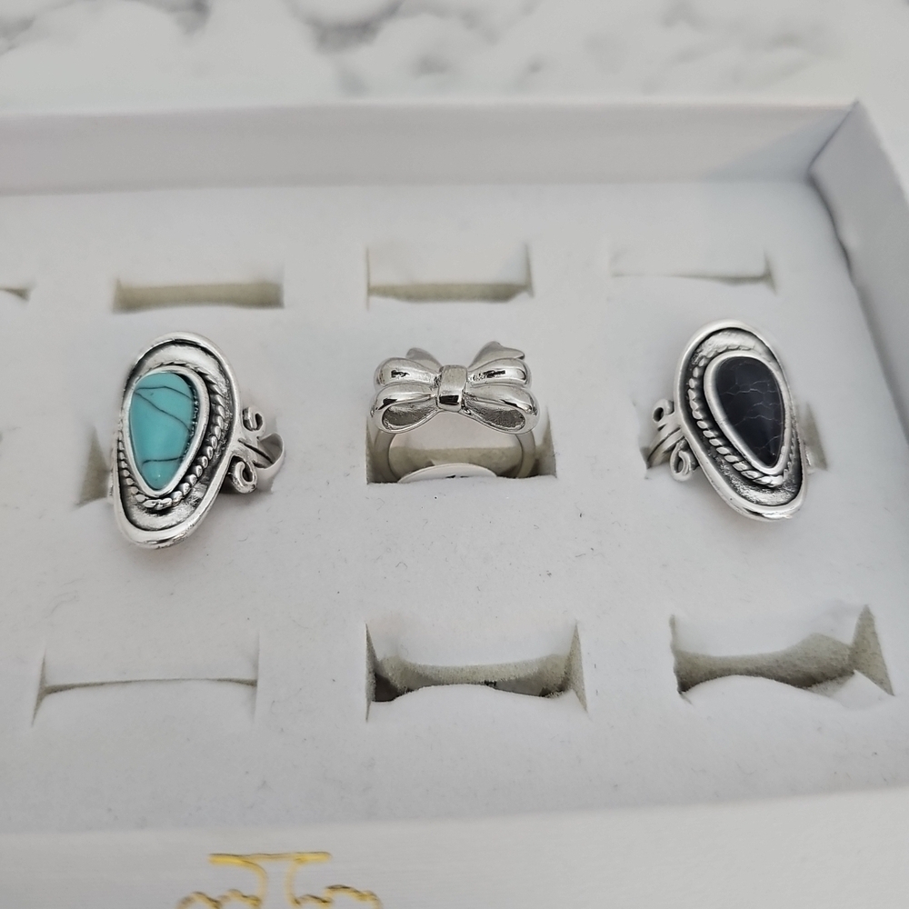 3pc Fashion Ring Set Silver Bow Black Stone Blue Country Girl Southwestern - Picture 4 of 8